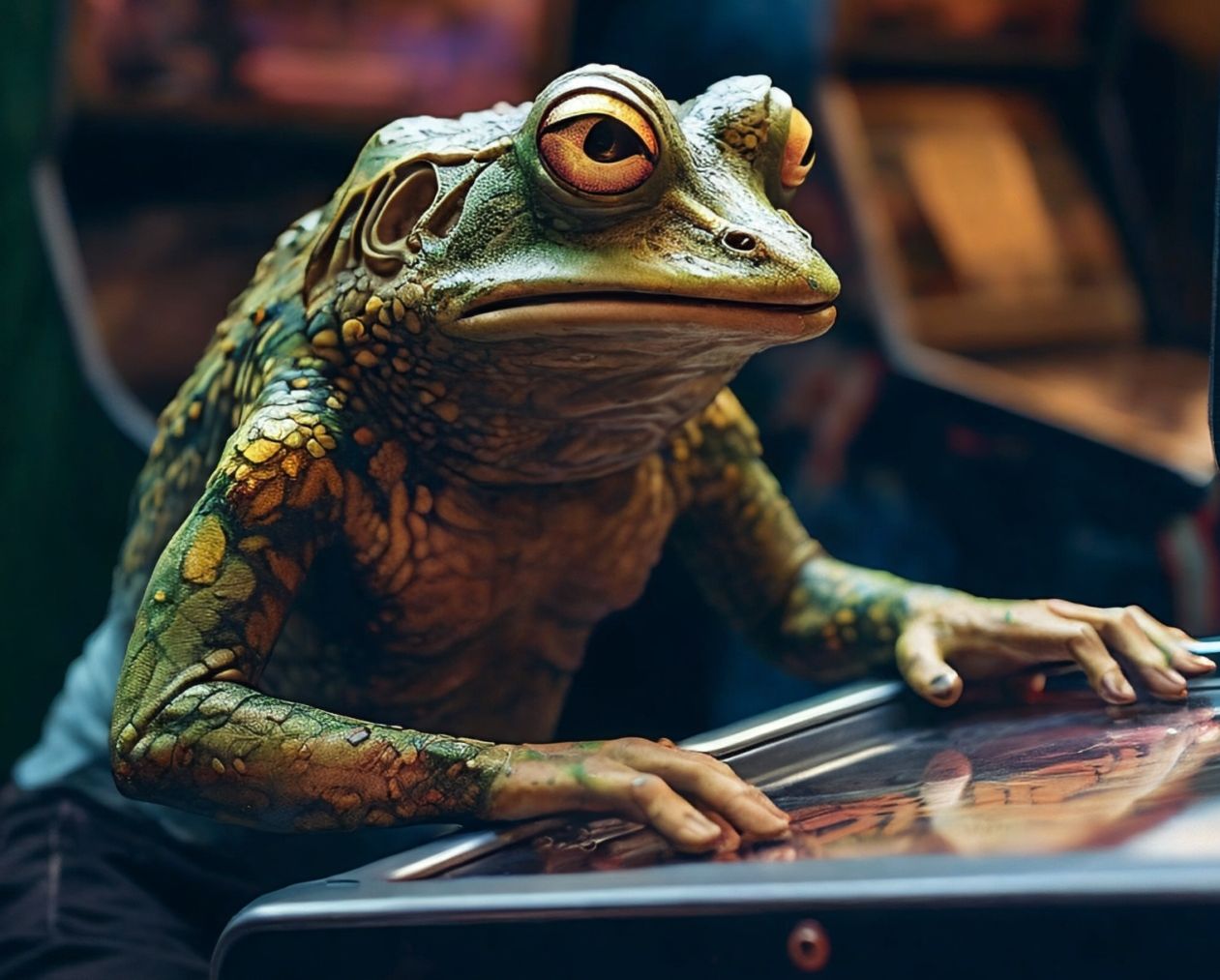 Human-sized frog playing pinball machine.