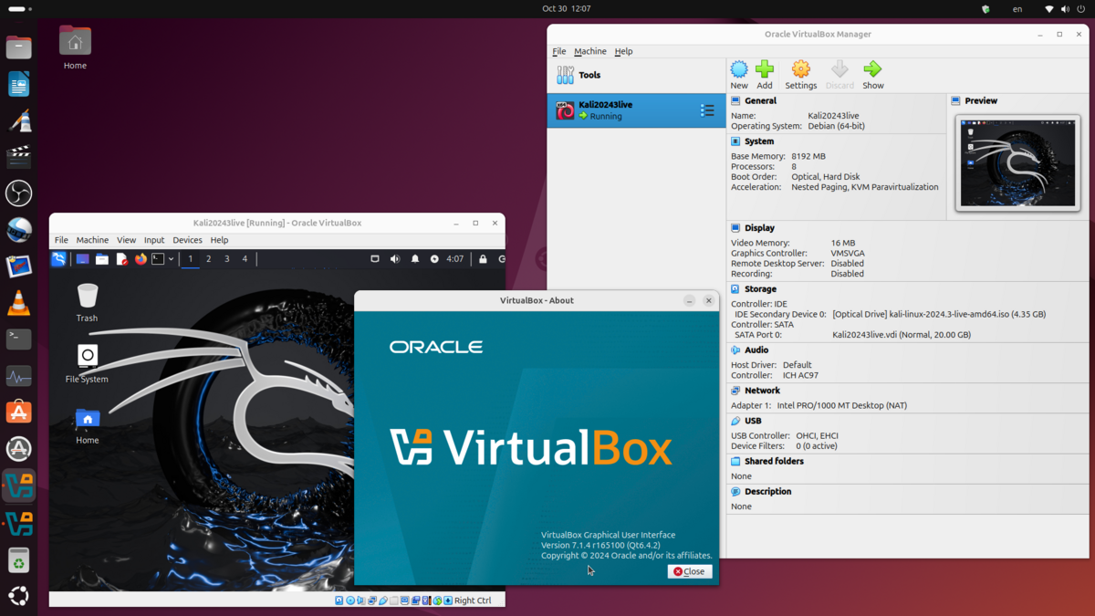 Screenshot about VirtualBox, on Ubuntu 24.04.1 LTS 64-bit.